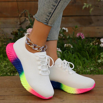 Rainbow Bottom Sneakers for Women | Lace-Up Breathable Mesh Flats - Dhavinci