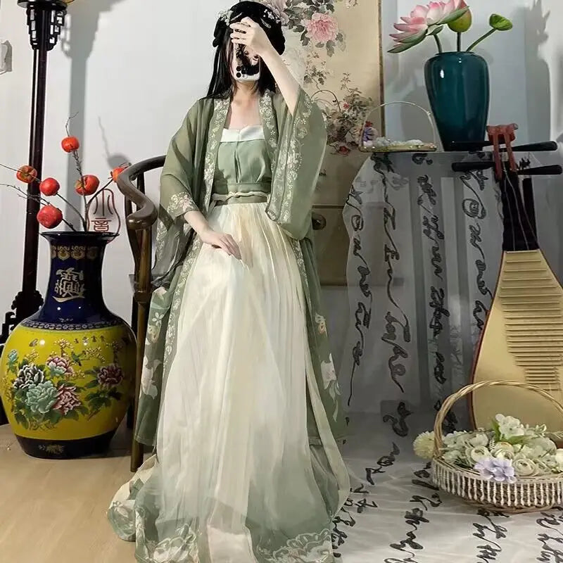 Hanfu Women Chinese Traditional Cosplay Costume Ancient Song Dynasty Hanfu Dress Spring Summer 3pcs Green Sets Plus Size XL - Dhavinci