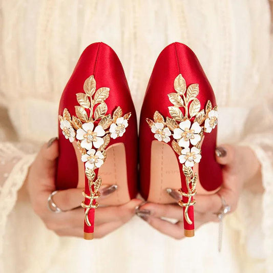 Luxury Flower Heels Wedding Shoes - Elegant Silk Stiletto Pumps - Dhavinci