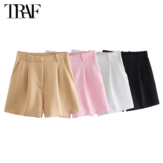 TRAF 2024 Baggy Shorts for Women High Waist Bermuda Shorts Woman White Pleated Casual Women Shorts Summer Beach Female Shorts - Dhavinci