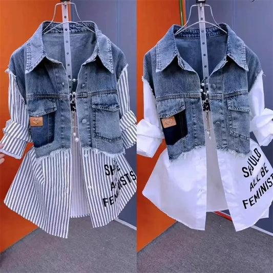 Women Denim Jacket Fake Two Denim Shirts 2024 New Spring Summer Autumn Casual Fashion Joker Stitching Striped Tops Coat Female - Dhavinci