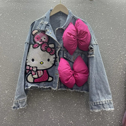 MINISO Hello Kitty Cartoon Denim Jacket Women Spring Autumn Sanrio Anime 2024 New Fashionable Coat - Dhavinci