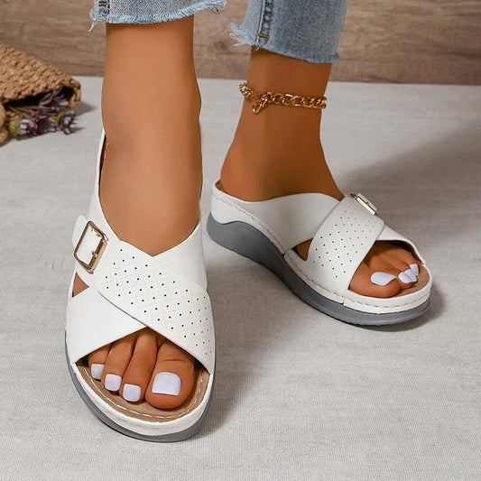 Fashion Buckle Platform Slippers for Women - Leather Cross Strap Sandals - Dhavinci