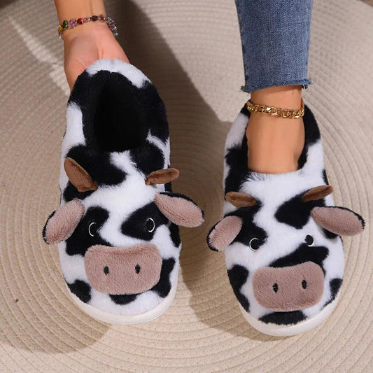 New Winter Cartoon Cow Plush Slippers for Women | Non-Slip Fur Slides - Dhavinci