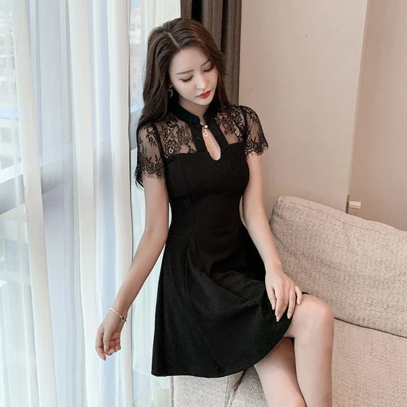 Women's Summer Lace Dress Tulle Cheongsam Dresses for Women 2023 Black Party Prom New Silk Transparent Korean Fashion Vintage - Dhavinci