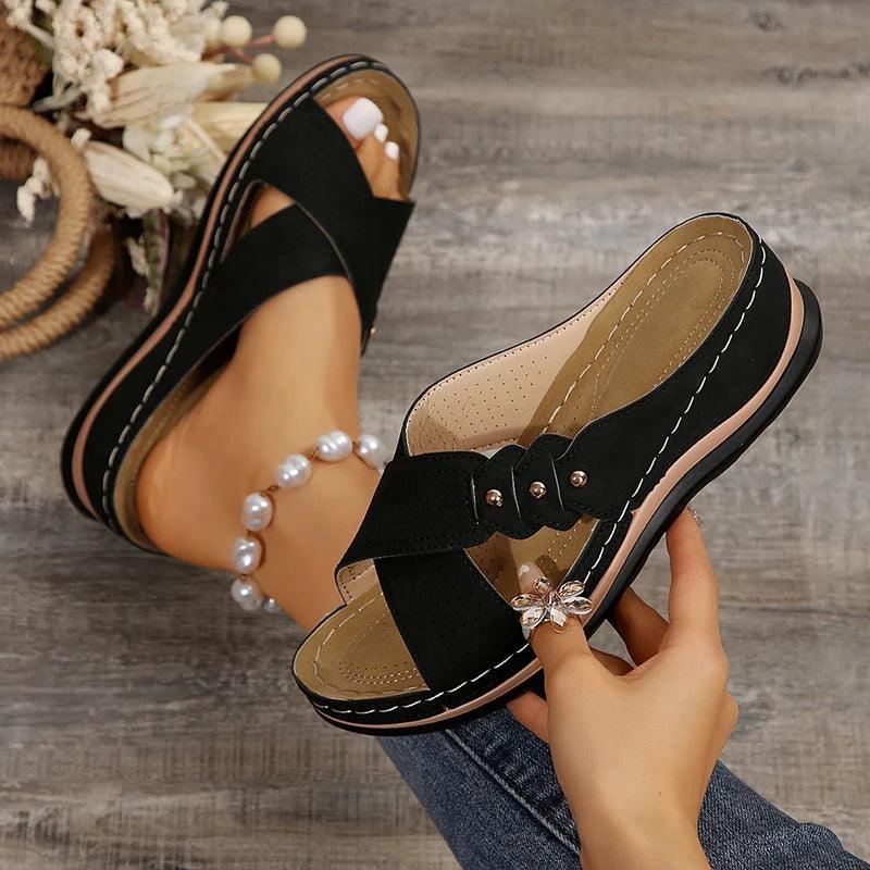 Rivet Platform Slippers | Women’s Cross Strap Wedge Sandals - Dhavinci