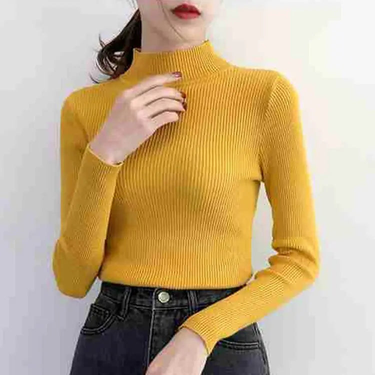 Autumn Winter Mock Neck Sweater | Vintage Solid Knit Pullover for Women - Dhavinci