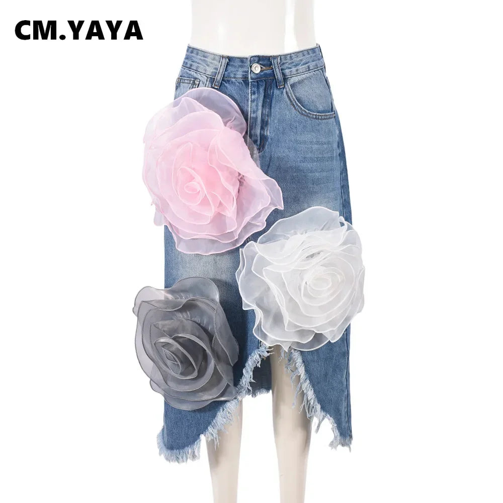 CM.YAYA Women 3D Big Flower Denim Skirts 2024 Autumn Fashion High Waist Sexy Boho Split Knee Length Skirt Women Beach Holiday - Dhavinci