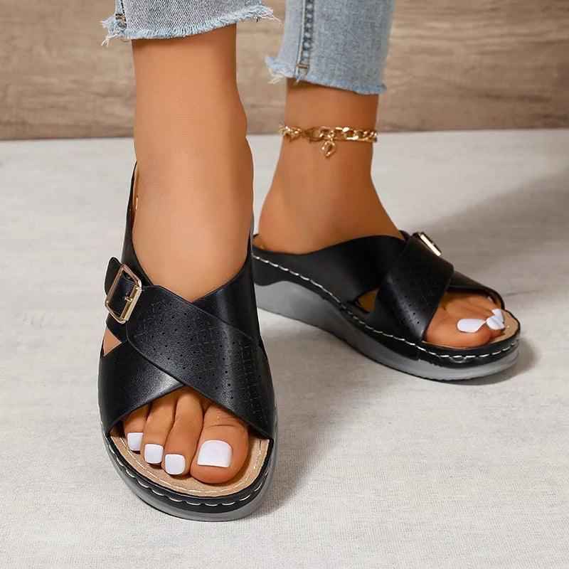 Fashion Buckle Platform Slippers for Women - Leather Cross Strap Sandals - Dhavinci