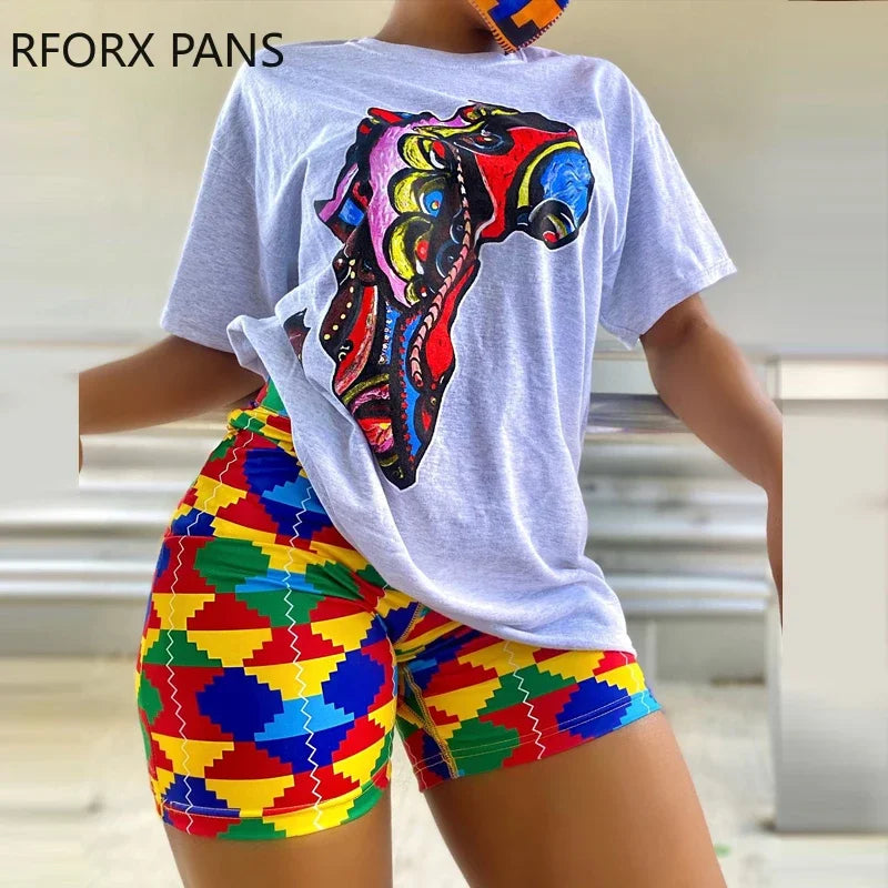 Women Fashion Chic Short Sleeves Print Tops & All Over Print Bottom Casual Short Sets - Dhavinci