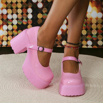 Pink Platform Mary Janes | Patent Leather Chunky Heels for Women - Dhavinci