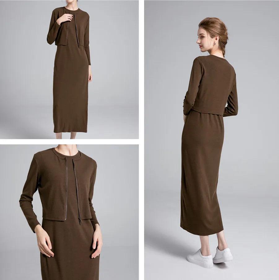 Women's Zipper Cardigan & Ankle Maxi Dress | Nature Fiber Ribbing Fabric - Dhavinci