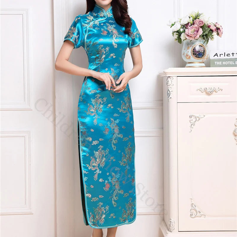 Chinese Style Dress Red Dragon Phoenix Qipao Women Elegant Cheongsams Short Sleeve Satin Vestidos Lady Summer Dresses Oversize - Dhavinci