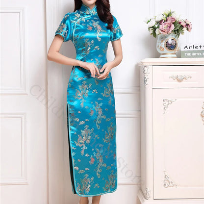 Chinese Style Dress Red Dragon Phoenix Qipao Women Elegant Cheongsams Short Sleeve Satin Vestidos Lady Summer Dresses Oversize - Dhavinci