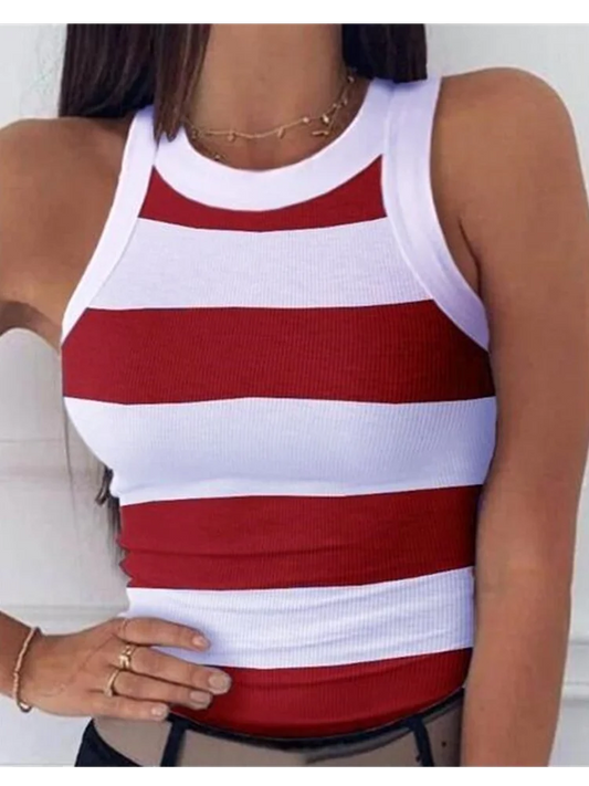 Summer Elastic Tank Top for Women | Stripe Print Racerback T-Shirt - Dhavinci