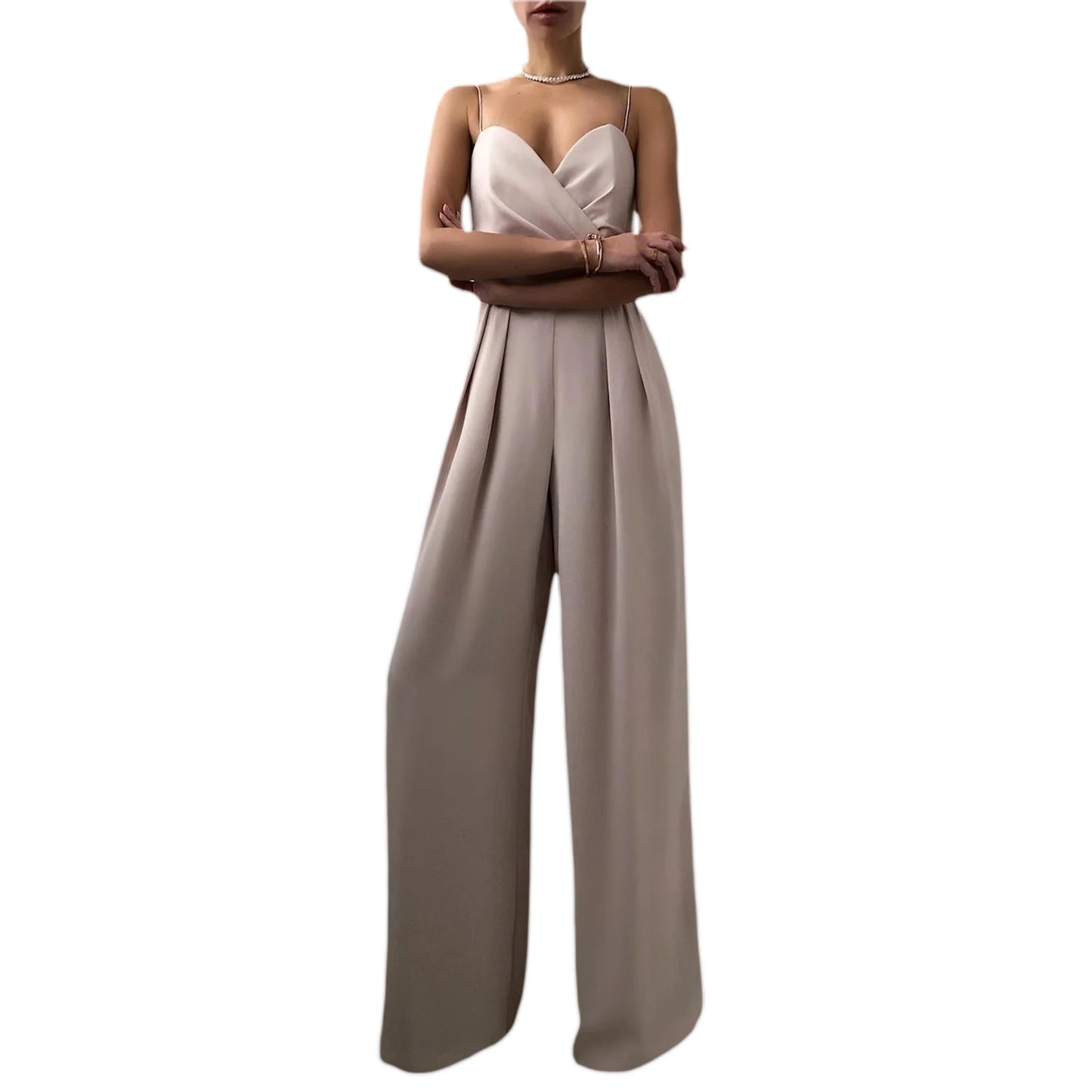 Elegant Ladies Jumpsuit | V-Neck, Lace Embroidered, Wide Leg - Dhavinci