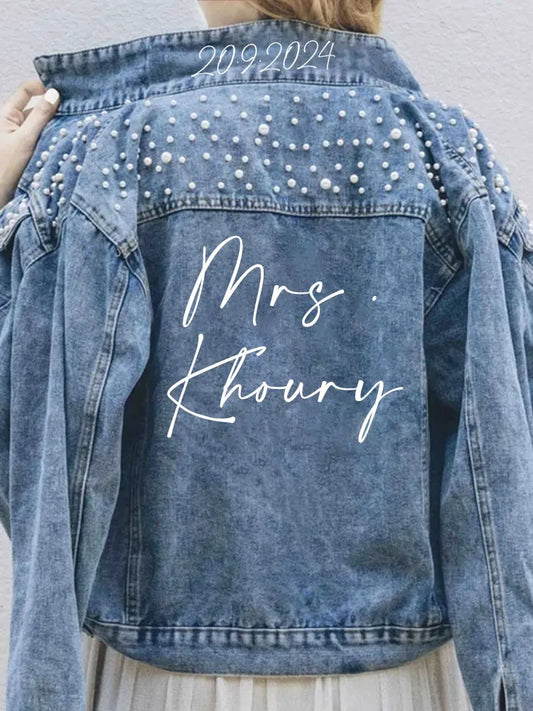 PERSONALIZED Statement Denim Bridal Jacket Custom Name Pearl Detailing MRS Jacket Custom Date Placement On Collar Bride Gift New - Dhavinci