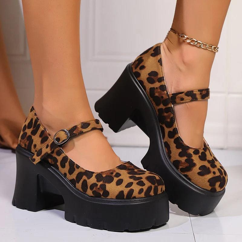 Leopard Print Platform Pumps for Women | Buckle High Heel Mary Janes - Dhavinci