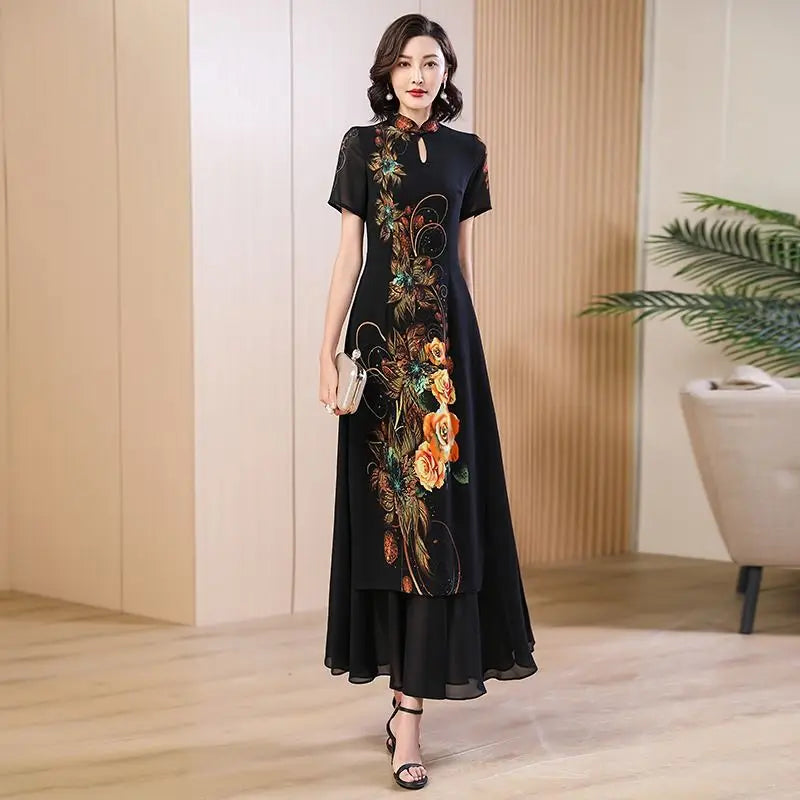 Chinese Qipao Dress | Modern Embroidered A-Line Cheongsam - Dhavinci