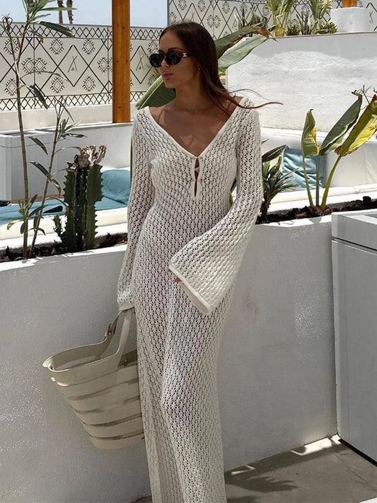 Sexy White Knit Beach Cover-Up Dress for Women | V-Neck Backless - Dhavinci