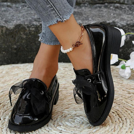 Fashion Ribbon Lace-Up Loafers for Women | Patent Leather Med Heel Pumps - Dhavinci