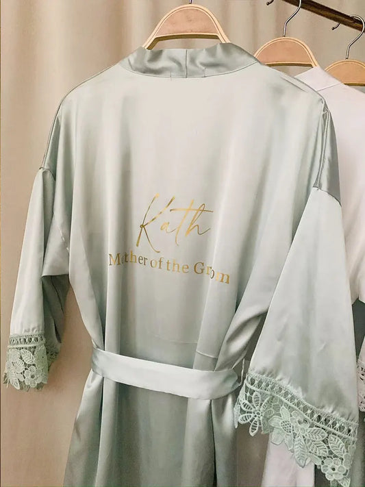 Personalized Sage Green Bridal Robe | Silky Bridesmaid Kimono - Dhavinci