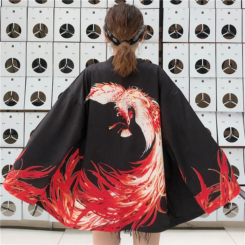 Bebovizi Japanese Style Flaming Phenix Print Cardigan Kimono Harajuku Women Men Sexy Yukata Female Streetwear Traditional Haori - Dhavinci