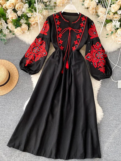 Women Autumn Dresses Bohemian Embroidered Flower O-Neck Lantern Sleeve High Waist Pleated Dress All-match Female Vestidos PL393 - Dhavinci