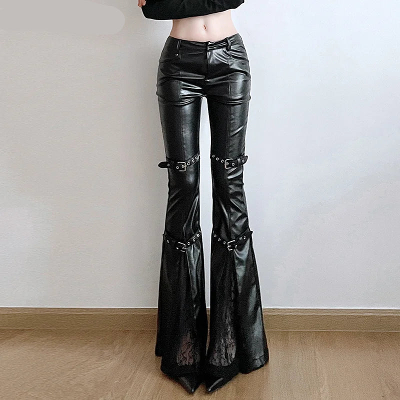 Faux Leather Flare Pants | Women’s Goth Buckle Lace Streetwear - Dhavinci