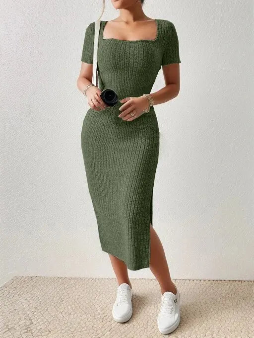 Summer Square Neck, Hip-Hugging Mid-Length Skirt, Short-Sleeved, Versatile Knitted Slit Dress - Dhavinci