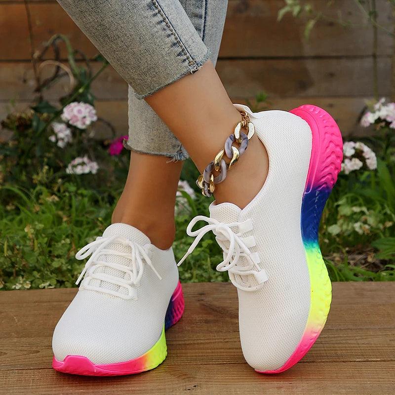 Rainbow Bottom Sneakers for Women | Lace-Up Breathable Mesh Flats - Dhavinci