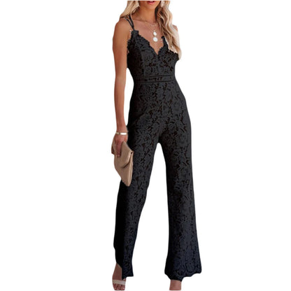 Elegant Ladies Jumpsuit | V-Neck, Lace Embroidered, Wide Leg - Dhavinci