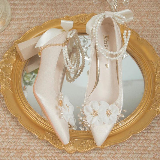 Elegant Flower High Heels - Pearl Ankle Strap Wedding Pumps - Dhavinci