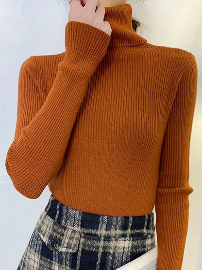 ZOKI New 2023 Women Pullover Turtleneck Sweater Autumn Long Sleeve Slim Elastic Korean Simple Basic Cheap Jumper Solid Color Top - Dhavinci