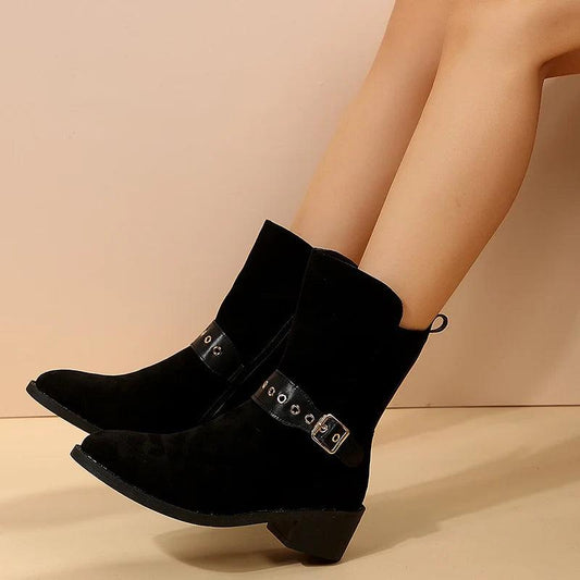 Faux Fur Square Heel Ankle Boots for Women | Fashion Cowboy Boots - Dhavinci