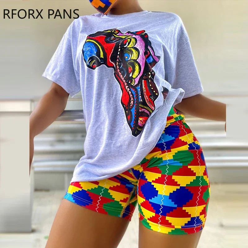 Women Fashion Chic Short Sleeves Print Tops & All Over Print Bottom Casual Short Sets - Dhavinci