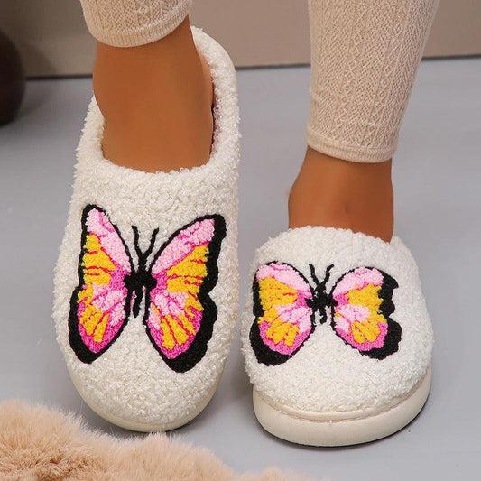 Pink Butterfly Winter Slippers for Women | Warm Plush Non-Slip Slides - Dhavinci