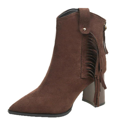 Vintage Fringe High Heels Ankle Boots for Women | Western Pointed Toe Winter Boots - Dhavinci