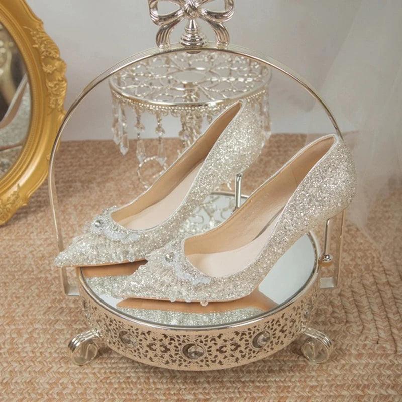 Luxury Crystal Tassels Bride Shoes - Pointed Toe Thin Heels Pumps - Dhavinci