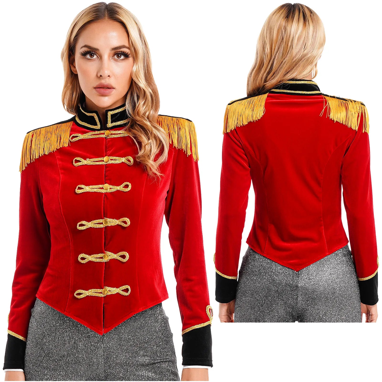 Women Halloween Circus Ringmaster Cosplay Costume Long Sleeve Stand Collar Velvet Jacket Coat for Theme Party Festival Roleplay - Dhavinci