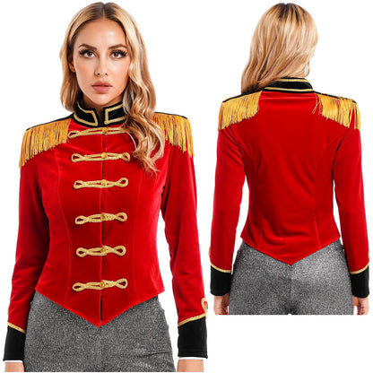 Women Halloween Circus Ringmaster Cosplay Costume Long Sleeve Stand Collar Velvet Jacket Coat for Theme Party Festival Roleplay - Dhavinci