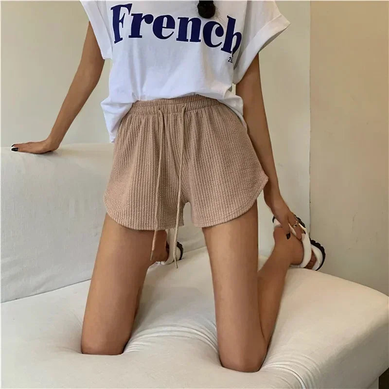 Women Shorts Summer High Elastic Lace Up Drawstring Wide Leg Sweat Fitness Running Shorts Loose Casual Large Sports Pants - Dhavinci