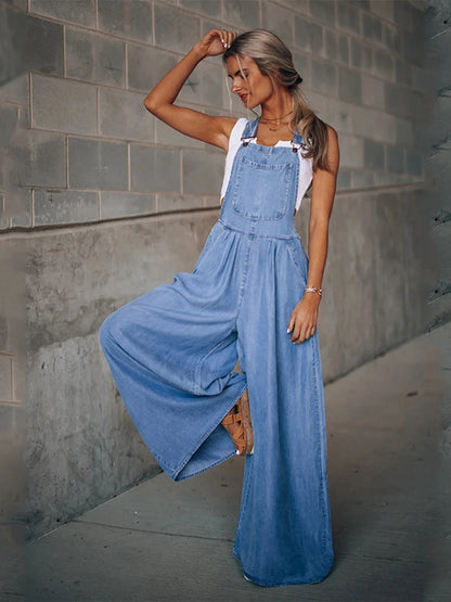 Summer Overalls For Women Blue Denim One-Piece Jumpsuits Loose Wide-Leg  With Pocket High-Waist Jumpsuits - Dhavinci