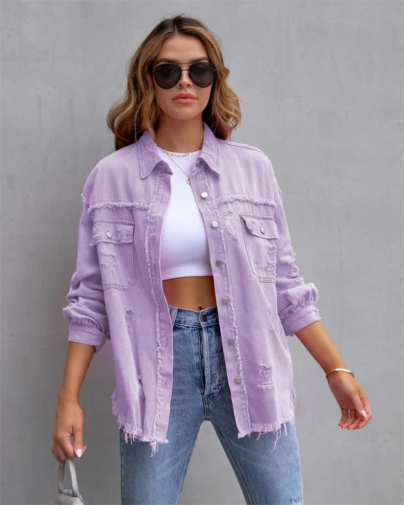 Women’s Raw-Edge Denim Jacket | Casual Spring Jean Coat - Dhavinci