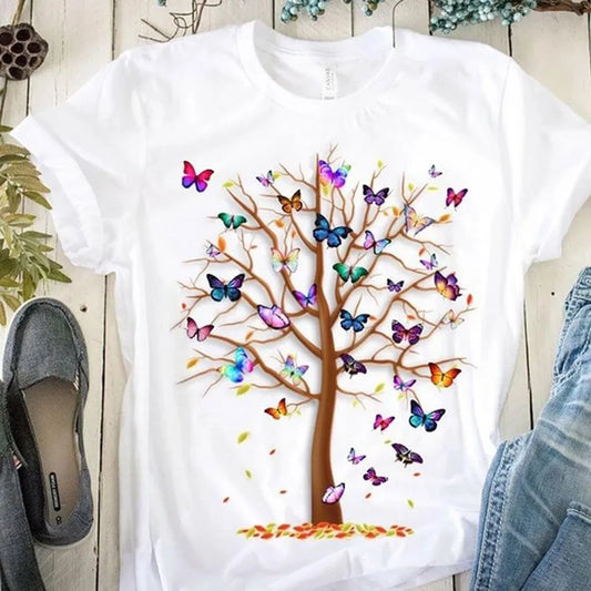 Women's Butterfly Tree Print Harajuku T-Shirt, Round Neck Top, Short Sleeve, Casual Summer Tee Shirt - Dhavinci