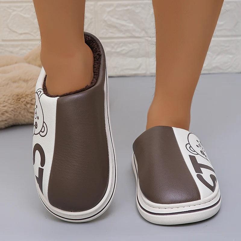 Leather Waterproof Home Slippers for Women | Warm Non-Slip Plush - Dhavinci