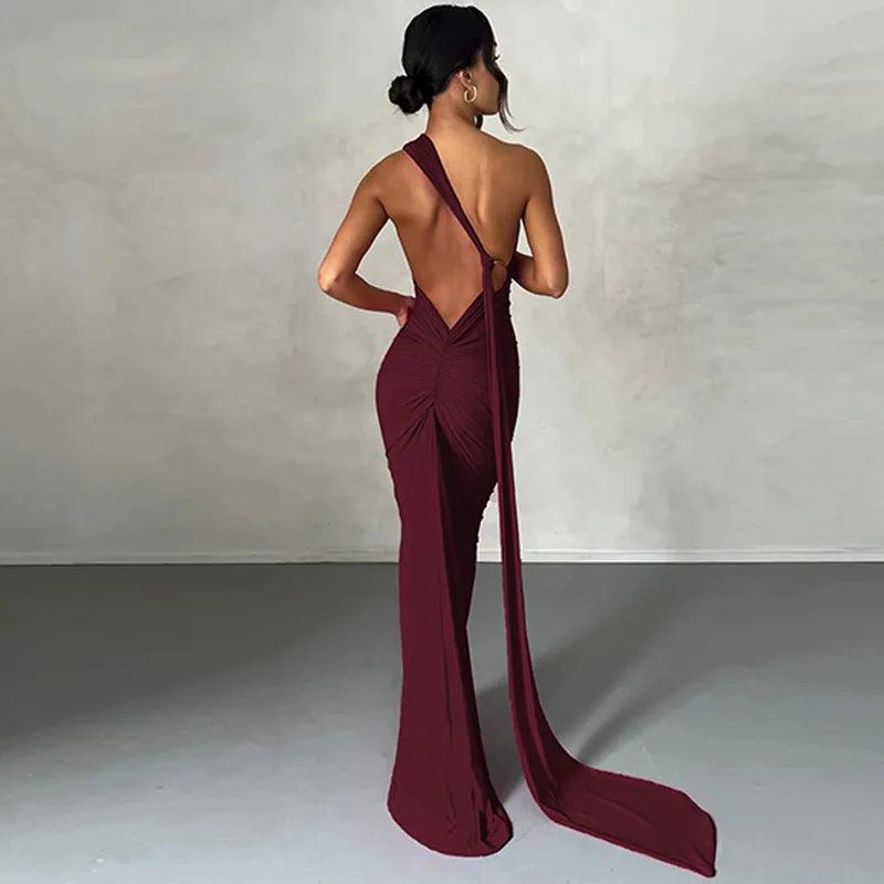 One-Shoulder Backless Maxi Dress for Women | Ruched Y2K Festival Outfit - Dhavinci