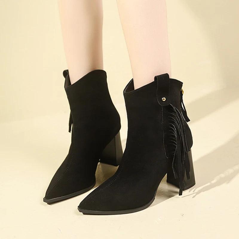 Vintage Fringe High Heels Ankle Boots for Women | Western Pointed Toe Winter Boots - Dhavinci