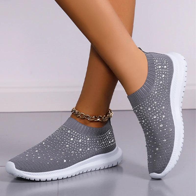 Shining Crystal Flats for Women | Breathable Knit Platform Sneakers - Dhavinci