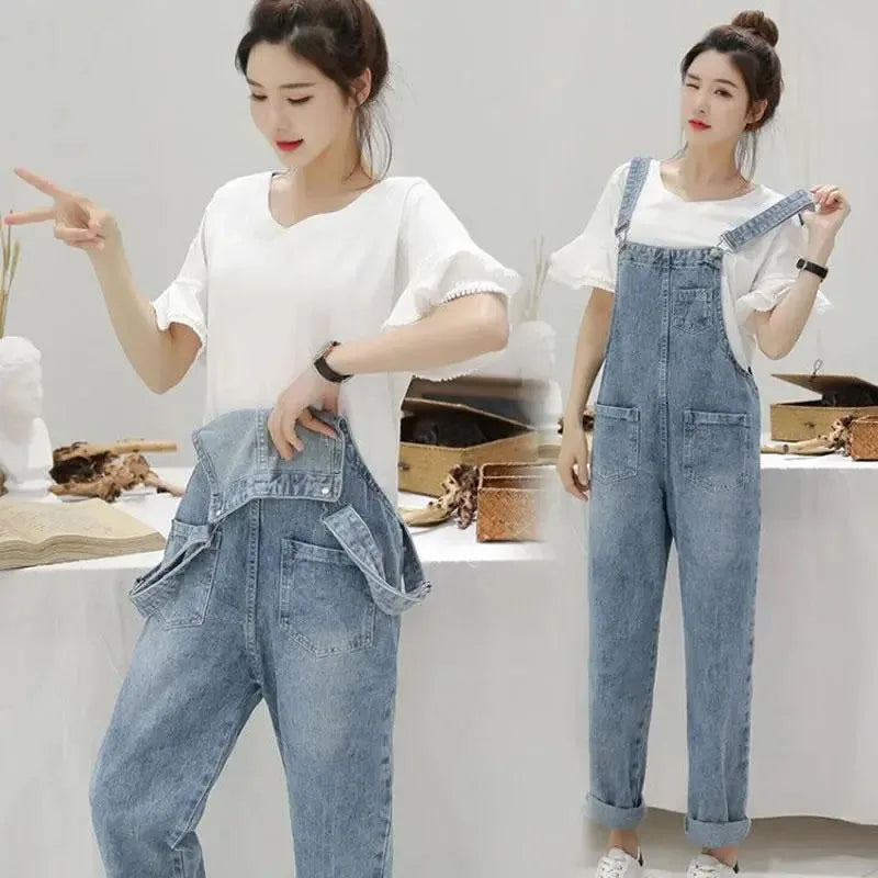 Biyaby Washed Denim Jumpsuit Women Casual High Waist Blue Wide Leg Pants Female 2024 Spring Korean Loose Pockets Jean Overalls - Dhavinci